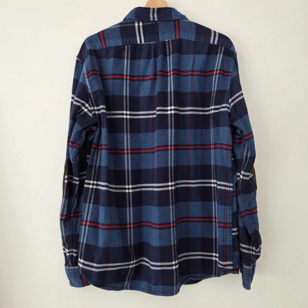 J. Crew Flannel Shirt Blue Plaid Elbow Patches Slim Fit Mens XL